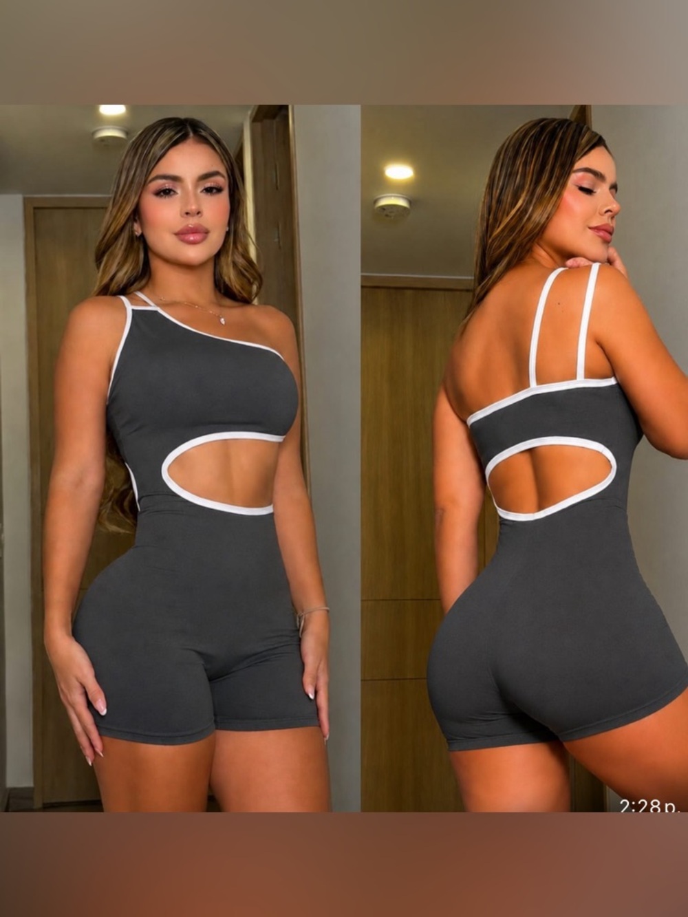 One-Shoulder Cutout Romper in Charcoal with White Trim
